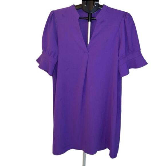 Unbranded Purple Shift Dress Easy Care Pull On V-Neck Short Ruffle Sleeve Size L - Picture 2 of 9